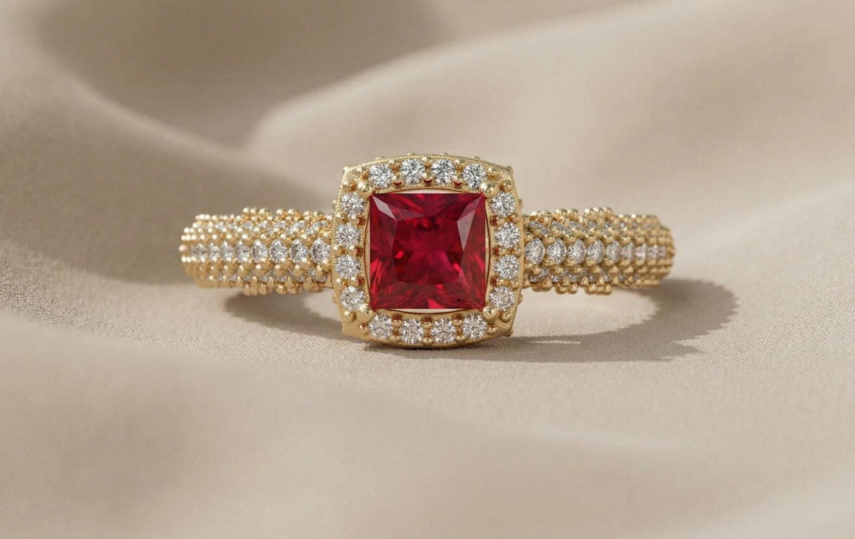 925 Sterling Silver Red Ruby Engagement Ring, Princess Cut Halo Diamond Ring, Gold Plated Statement Ring for Women, Gift for Her