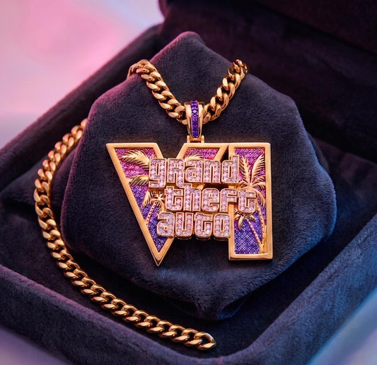 925 Silver GTA 6 Vice City Pendant, Gold Plated 6A CZ Iced Out Necklace, Grand Theft Auto Hip Hop Jewelry, Gamer Bling Chain Gift for Men