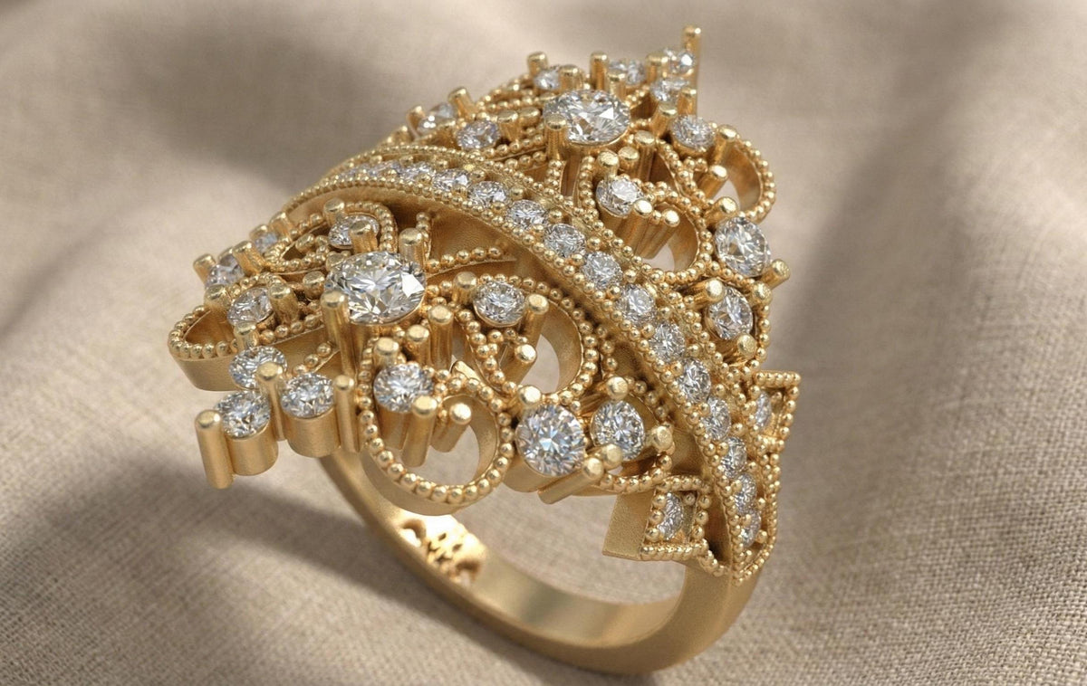 Gold Butterfly Filigree Ring | Vintage Style Wide Band | Diamond Statement Ring | Victorian Revival Cocktail Ring | Floral Lace Wedding Ring
