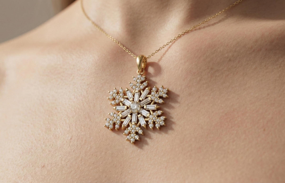 Gold Vermeil Snowflake Pendant with Baguette & Round CZ Stones – Icy Winter Jewelry