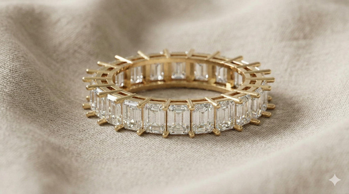Sterling Silver Emerald Cut Moissanite Eternity Ring, Handmade Wedding Band