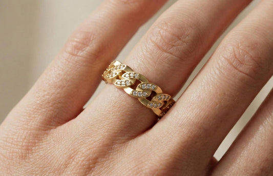 Gold Cuban Link Ring, Pave CZ Sterling Silver Chain Band