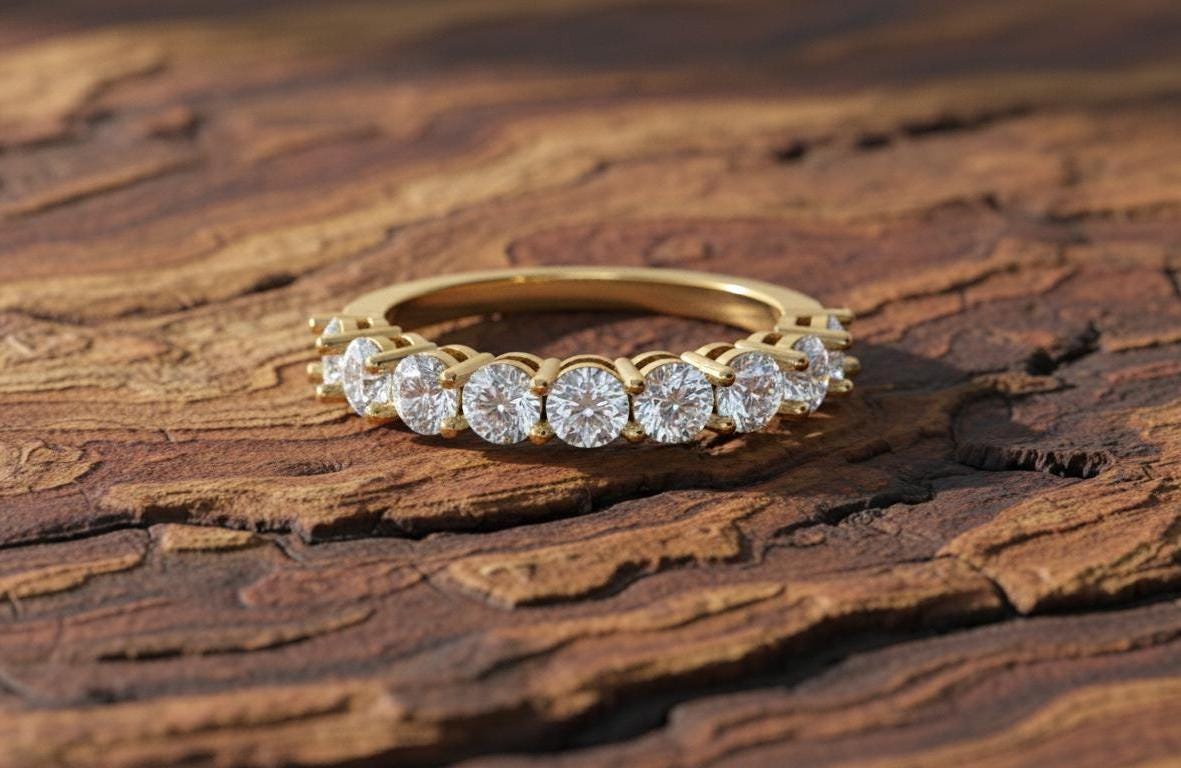 925 Sterling Silver Diamond Half Eternity Ring, Gold Vermeil Wedding Band, Minimalist Stackable Ring, Anniversary Gift for Her,
