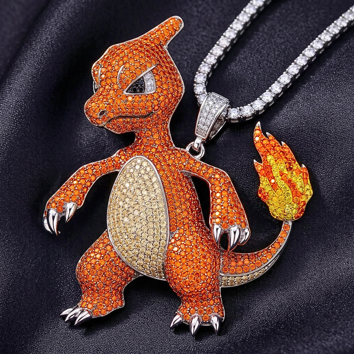 Rare Iced Out Charmeleon Pokémon Pendant 925 Sterling Silver Anime Jewelry Gamer Gift Hip Hop Fire Monster Charm Nostalgia Gift for him/her