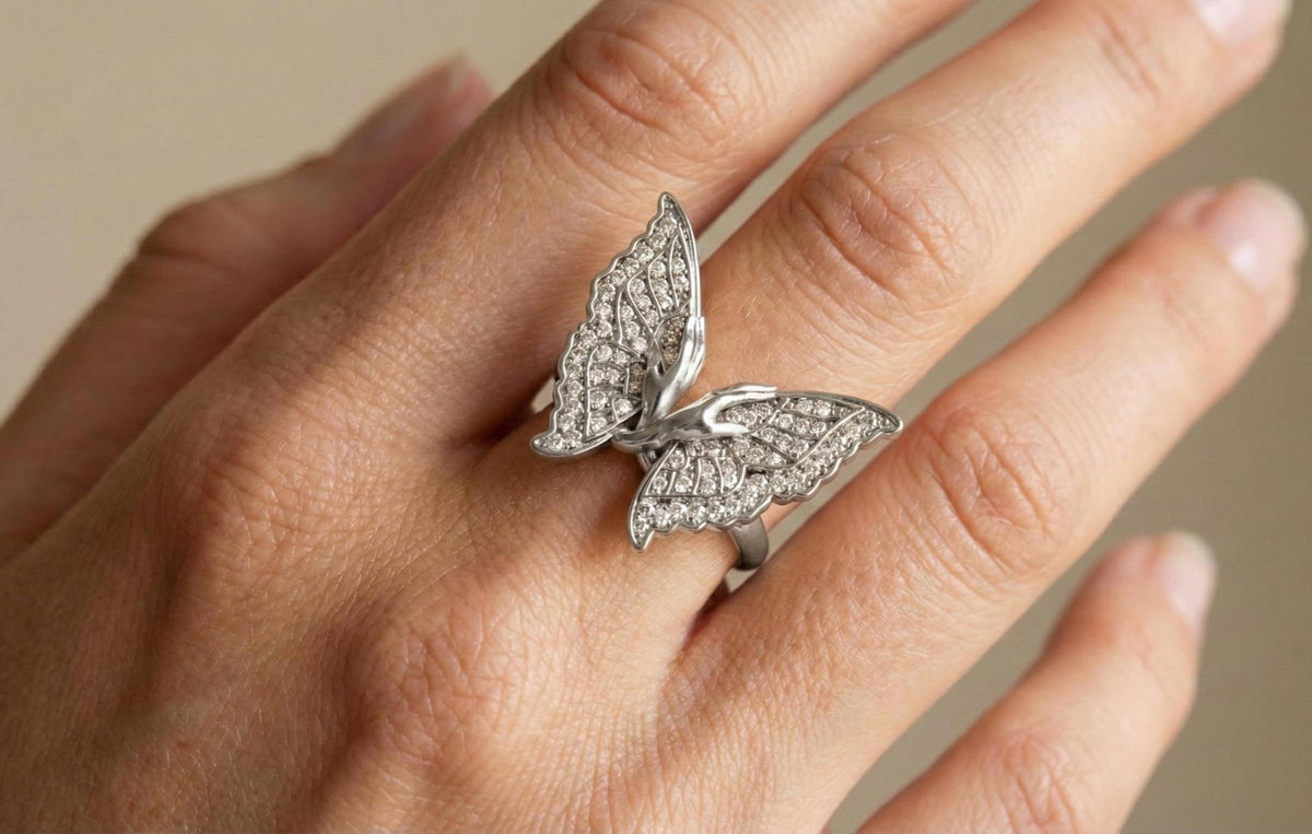 925 Sterling Silver RING Butterfly Ring Gold Butterfly Statement Ring, Diamond CZ Butterfly Wing Ring Luxury Butterfly Jewelry, Gift For Her