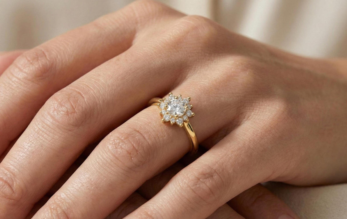 925 Sterling Silver Halo Engagement Ring, Gold Plated Floral Diamond Ring, Round Cut Promise Ring, Dainty Bridal Ring,  Gift for Women