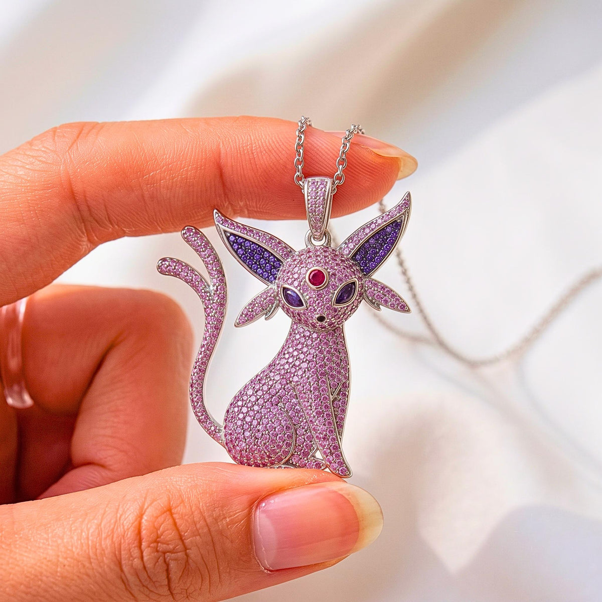 Rare Iced Out Espeon Pokémon Pendant 925 Sterling Silver • Custom Anime Psychic Cat Jewelry • Hip Hop Charm Geek Nostalgia Gift for her/him