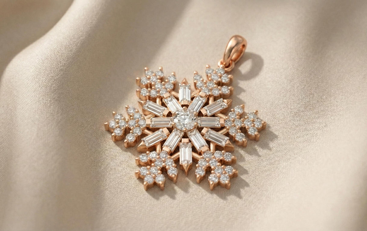Gold Vermeil Snowflake Pendant with Baguette & Round CZ Stones – Icy Winter Jewelry
