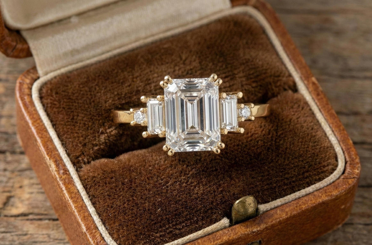 Emerald Cut Moissanite Ring, Sterling Silver Three Stone Engagement Ring