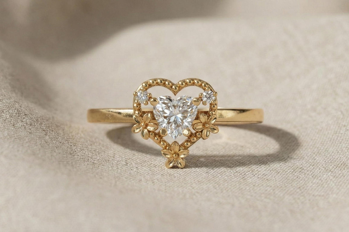 Floral Heart Engagement Ring, 925 Sterling Silver, Vintage Style