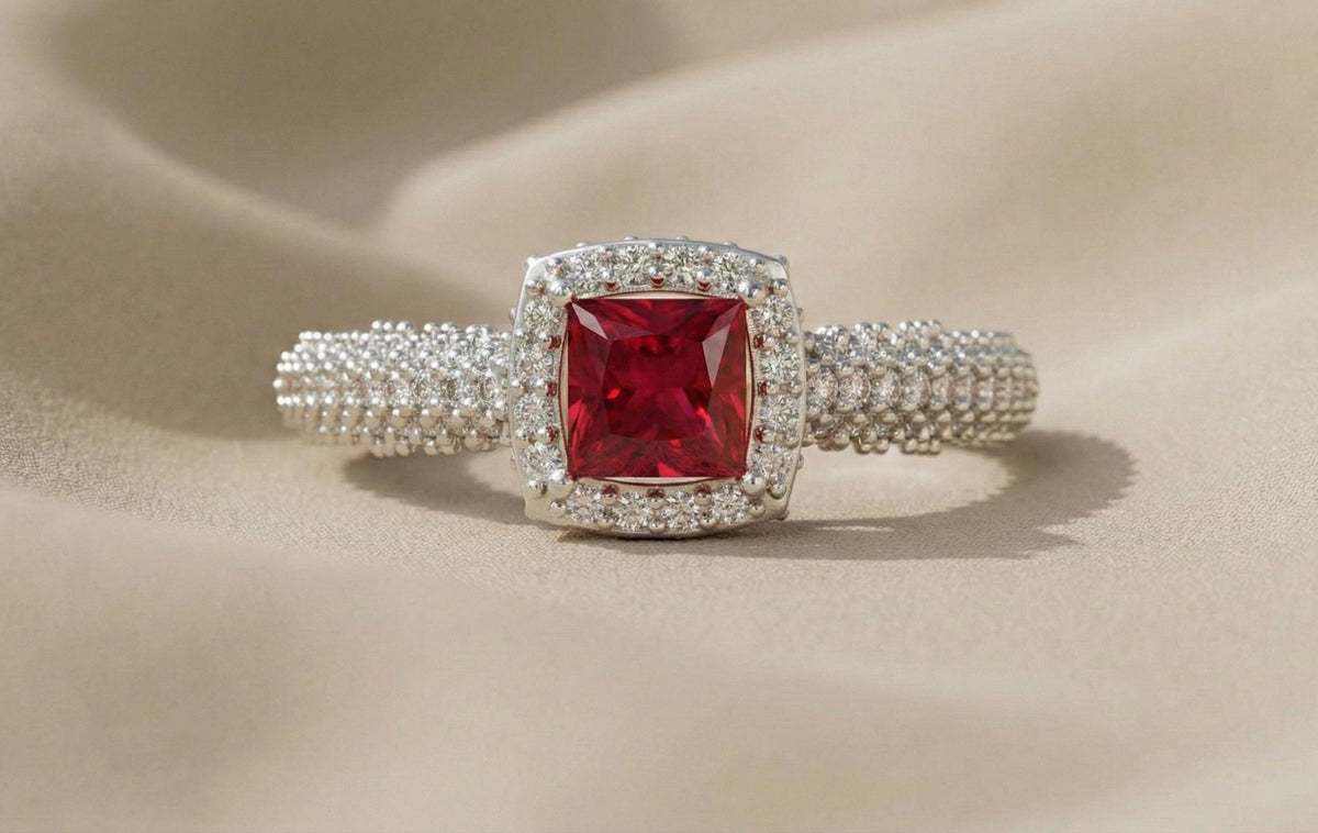 925 Sterling Silver Red Ruby Engagement Ring, Princess Cut Halo Diamond Ring, Gold Plated Statement Ring for Women, Gift for Her