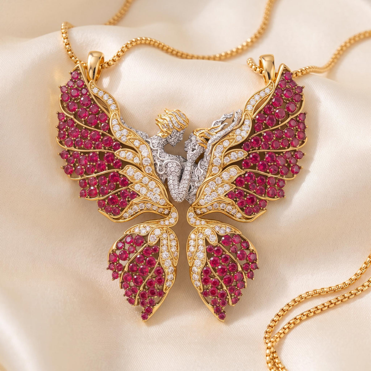 Rare Iced Out Angel Wing Pendant • 925 Sterling Silver Butterfly Necklace • Yellow & Rose Gold Plated • Rare  Love Jewelry Gift for her/him