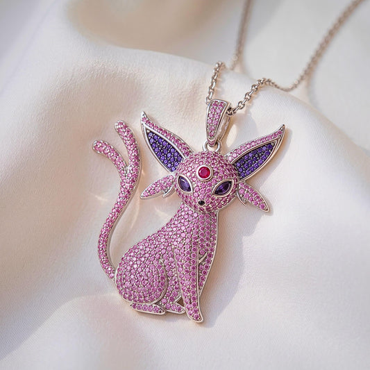 Rare Iced Out Espeon Pokémon Pendant 925 Sterling Silver • Custom Anime Psychic Cat Jewelry • Hip Hop Charm Geek Nostalgia Gift for her/him