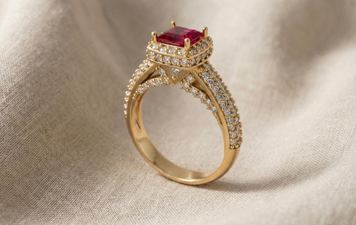 925 Sterling Silver Red Ruby Engagement Ring, Princess Cut Halo Diamond Ring, Gold Plated Statement Ring for Women, Gift for Her