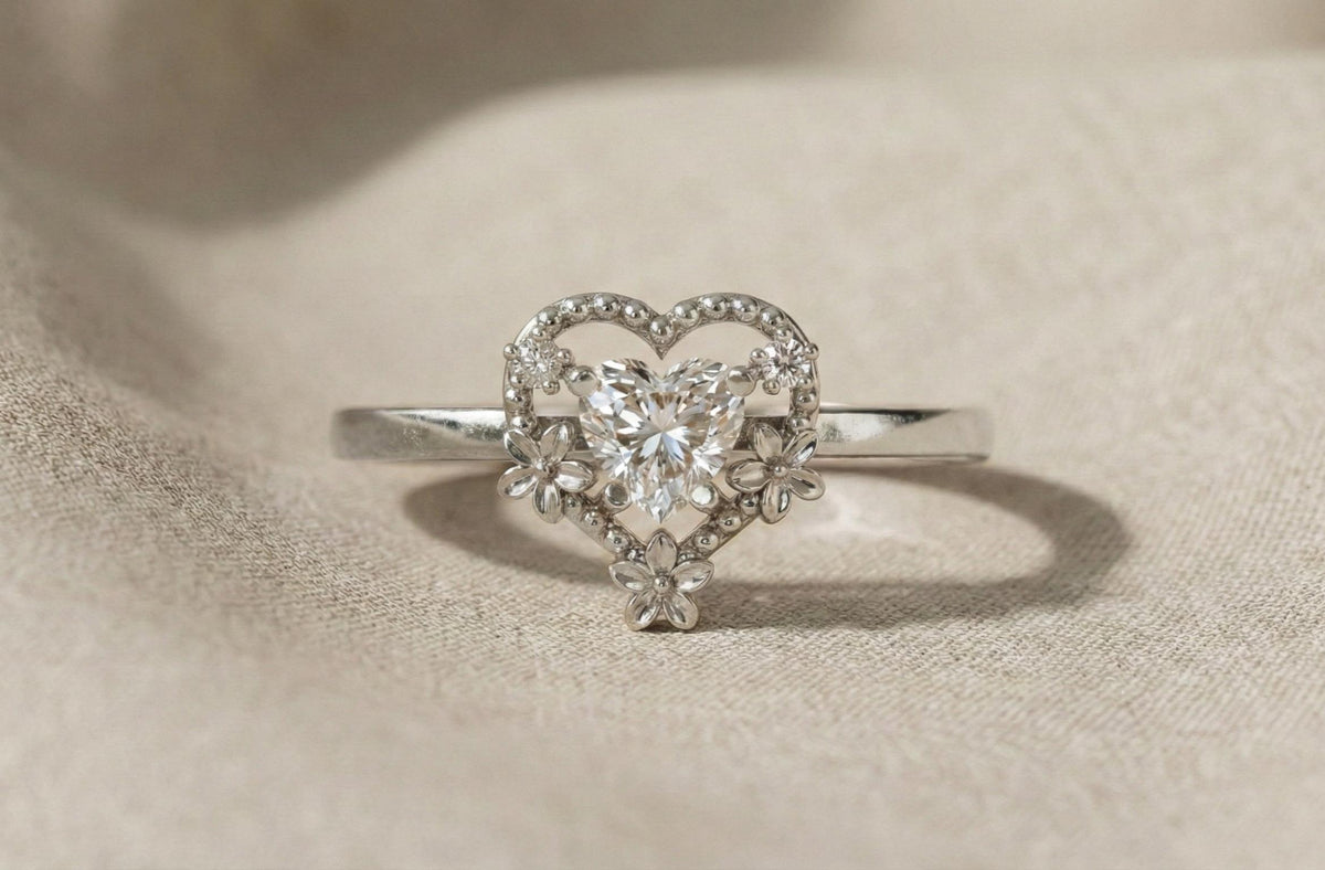 Floral Heart Engagement Ring, 925 Sterling Silver, Vintage Style