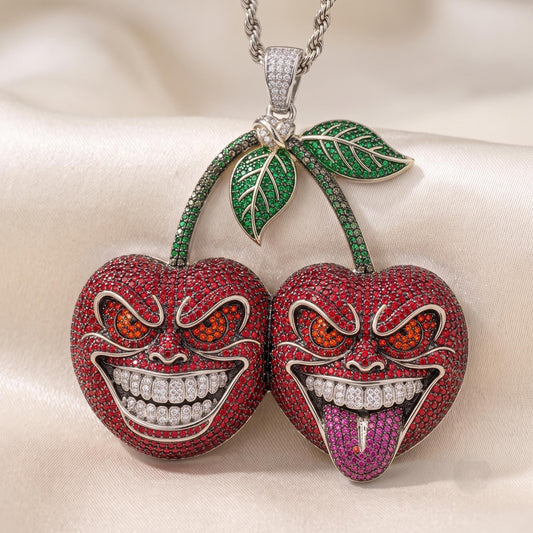 Rare Iced Out Evil Cherry Pendant |  925 Sterling Silver Halloween Jewelry | Custom Macabre Charm | Gold Plated Hip Hop Gift for her/him