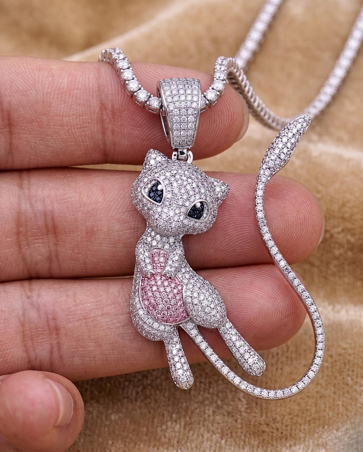 Iced Out Mew Pendant, 925 Sterling Silver Micro Pave Anime Necklace, Pink Blue Gemstones