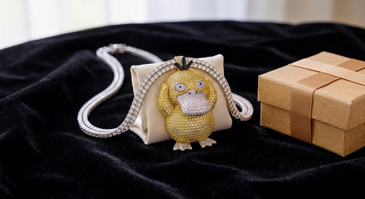 Iced Out Psyduck Pendant | Micro Pave Anime Necklace | 925 Sterling Silver Character Jewelry | Custom Gamer Chain