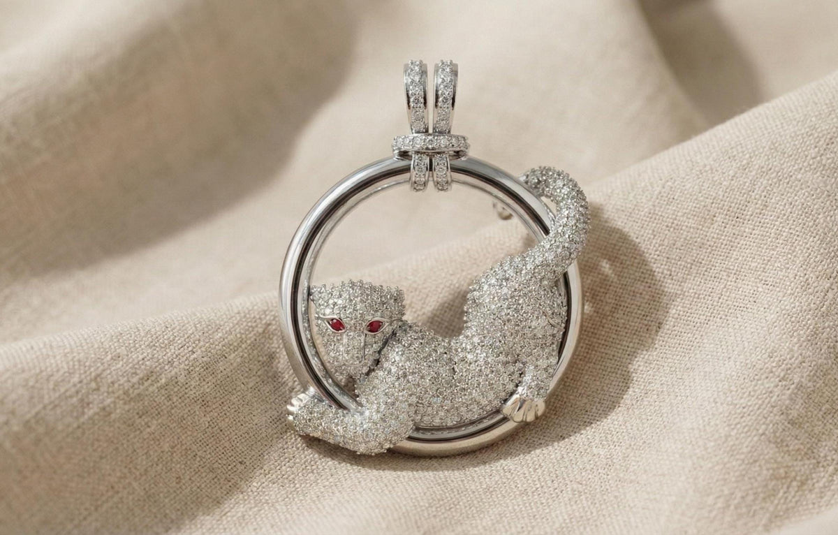 Sterling Silver Pave CZ Panther Necklace, Ruby Eye Leopard Pendant