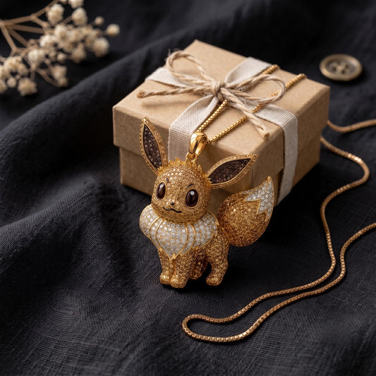 Rare Eevee Pendant 925 Sterling Silver Iced Out Pokemon Jewelry Micro Pave Anime Charm Geeky Gamer Gift Kawaii Pocket Monster Gift for her.