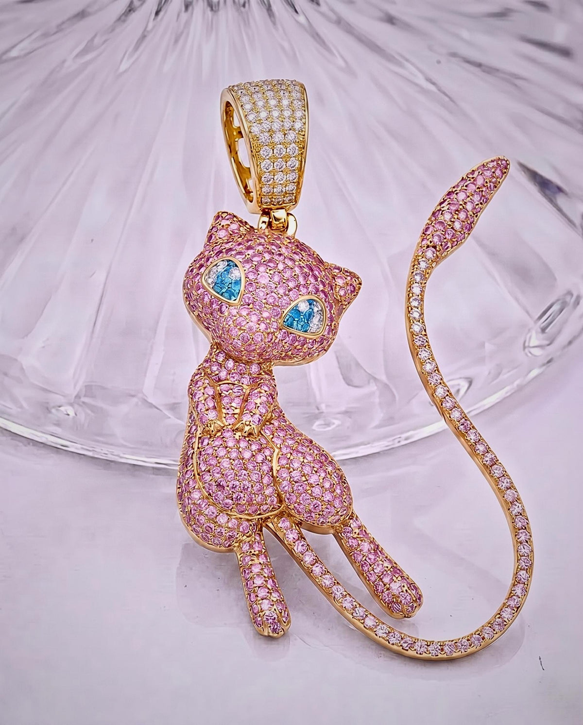 Iced Out Pink Mew Pendant, 925 Sterling Silver Anime Jewelry, Custom Hip Hop Necklace, Kawaii Gamer Gift, Nostalgic Charm , gift for her/him