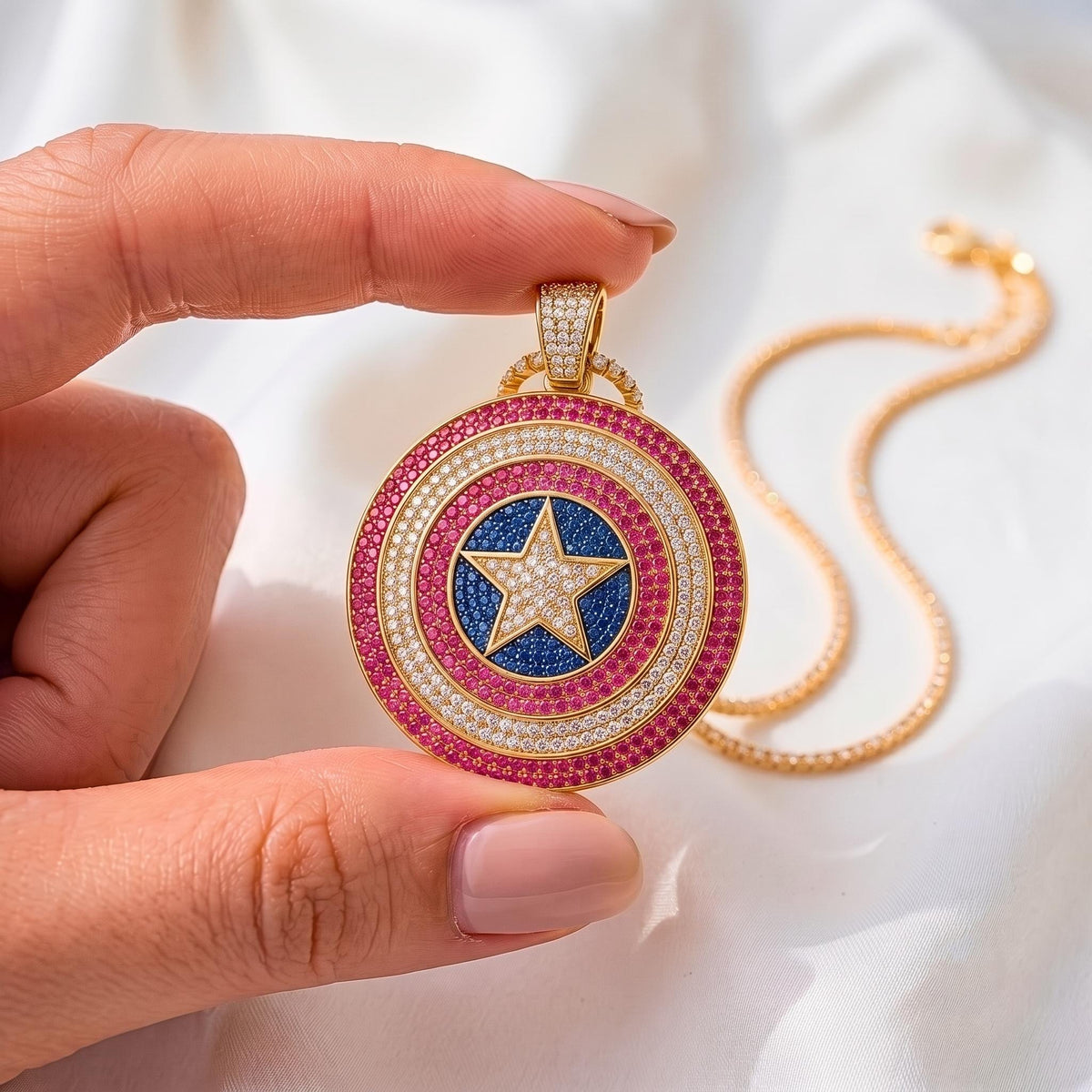 Iced Out Captain America Shield Pendant | Sterling Silver Pink CZ Avengers Necklace
