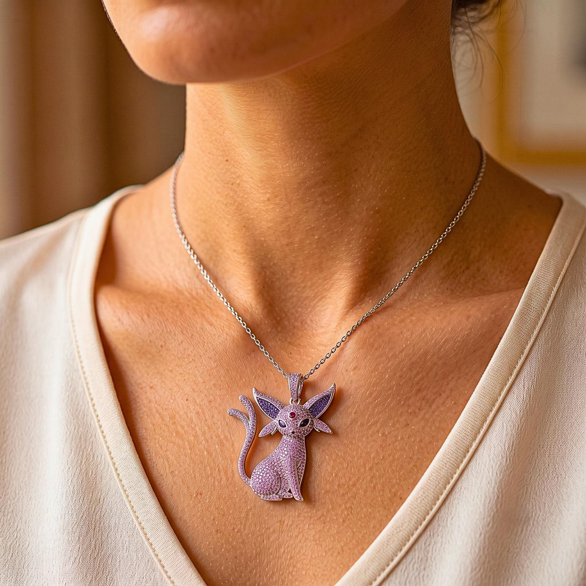 Rare Iced Out Espeon Pokémon Pendant 925 Sterling Silver • Custom Anime Psychic Cat Jewelry • Hip Hop Charm Geek Nostalgia Gift for her/him