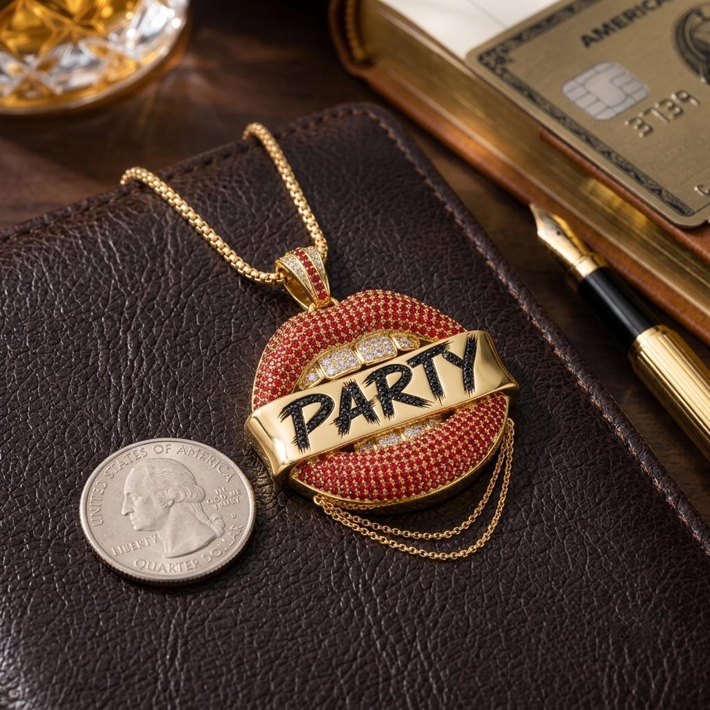 Rare Iced Out Party Lips Pendant | 925 Sterling Silver Hip Hop Jewelry | Crystal Statement Necklace | Custom Pop Art Jewelry Men Women