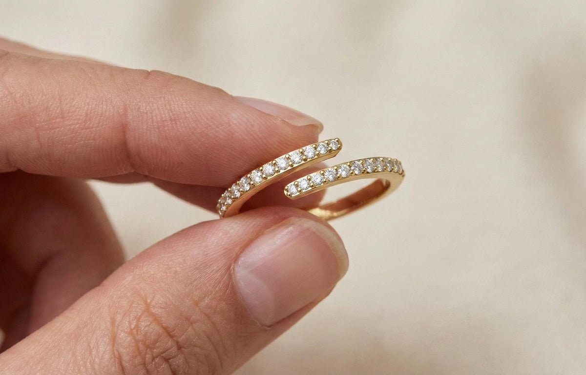 925 Sterling Silver Open Diamond Ring, Gold Plated Minimalist Adjustable Ring, Dainty Pave CZ Open Band, Anniversery Gift For Her