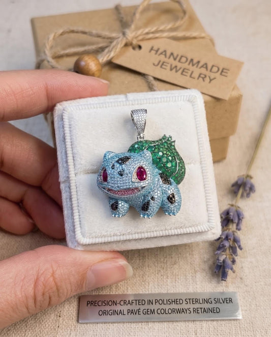 Rare Iced Out Bulbasaur Pokémon Pendant, 925 Sterling Silver & Gold Plated Gamers Jewelry  Anime Hip Hop gift for her/him
