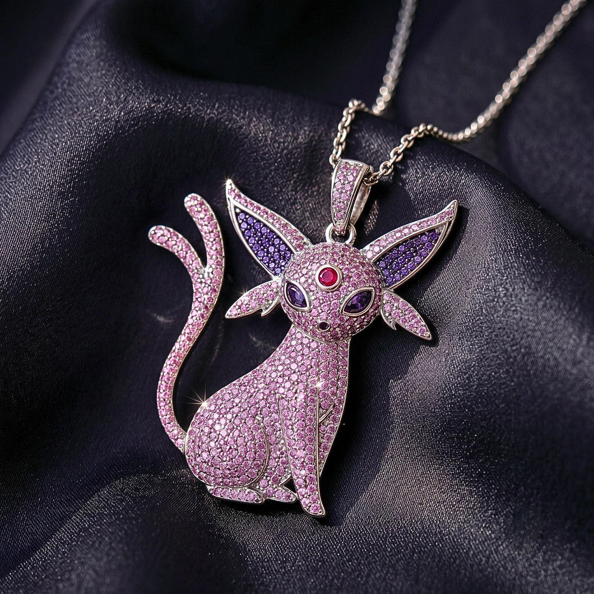 Rare Iced Out Espeon Pokémon Pendant 925 Sterling Silver • Custom Anime Psychic Cat Jewelry • Hip Hop Charm Geek Nostalgia Gift for her/him