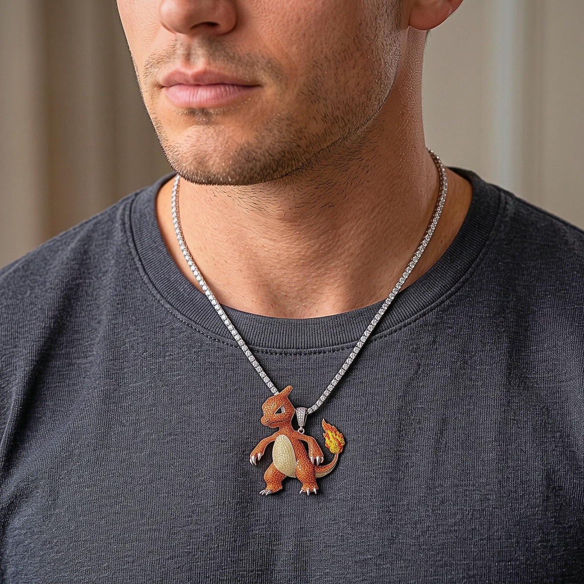 Rare Iced Out Charmeleon Pokémon Pendant 925 Sterling Silver Anime Jewelry Gamer Gift Hip Hop Fire Monster Charm Nostalgia Gift for him/her