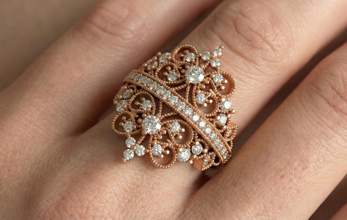 Gold Butterfly Filigree Ring | Vintage Style Wide Band | Diamond Statement Ring | Victorian Revival Cocktail Ring | Floral Lace Wedding Ring