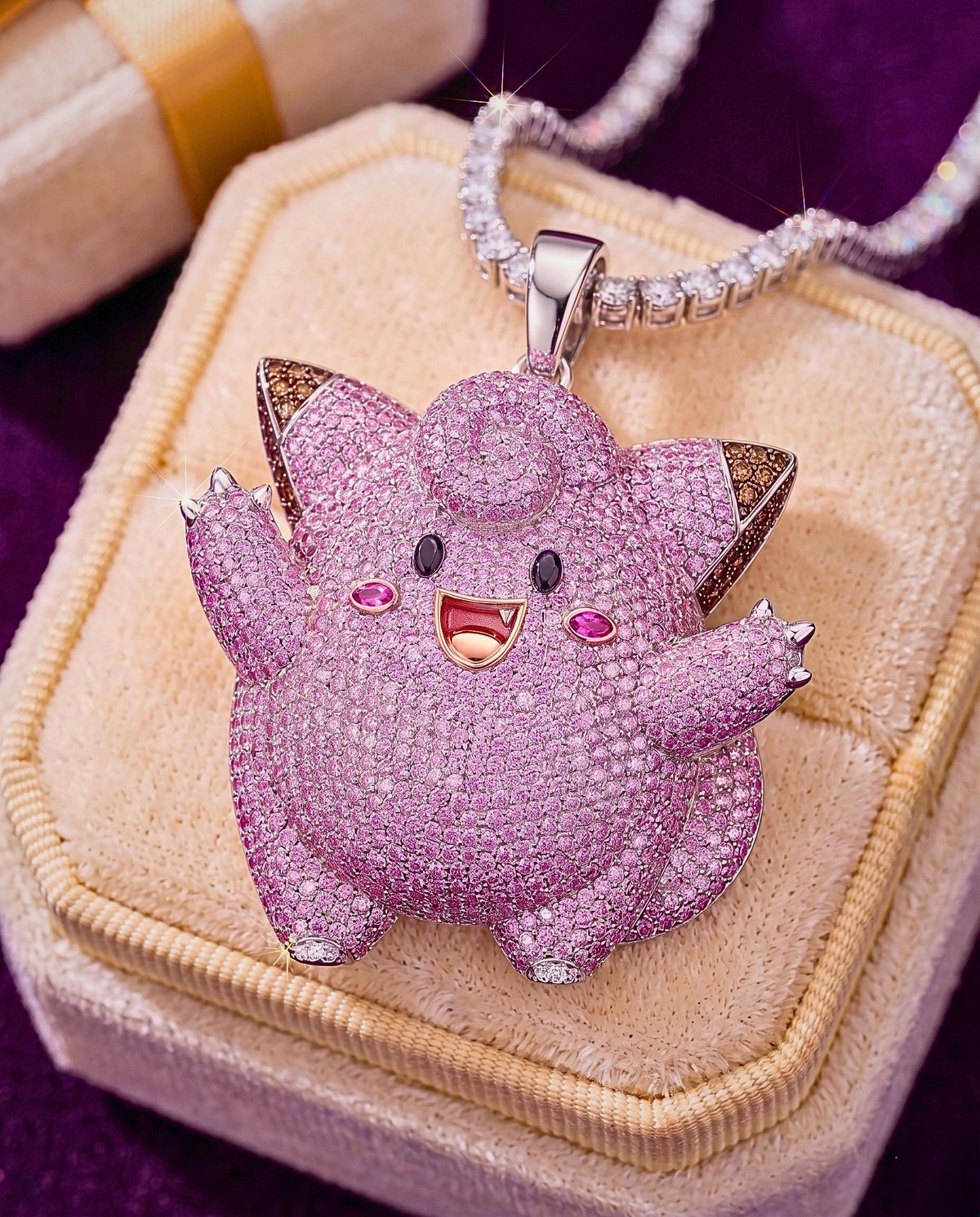 Rare Iced Out Clefairy Pokémon Pendant | 925 Sterling Silver Anime Jewelry | Gold Plated Custom Charm | Hip Hop Gamer Gift For her/him