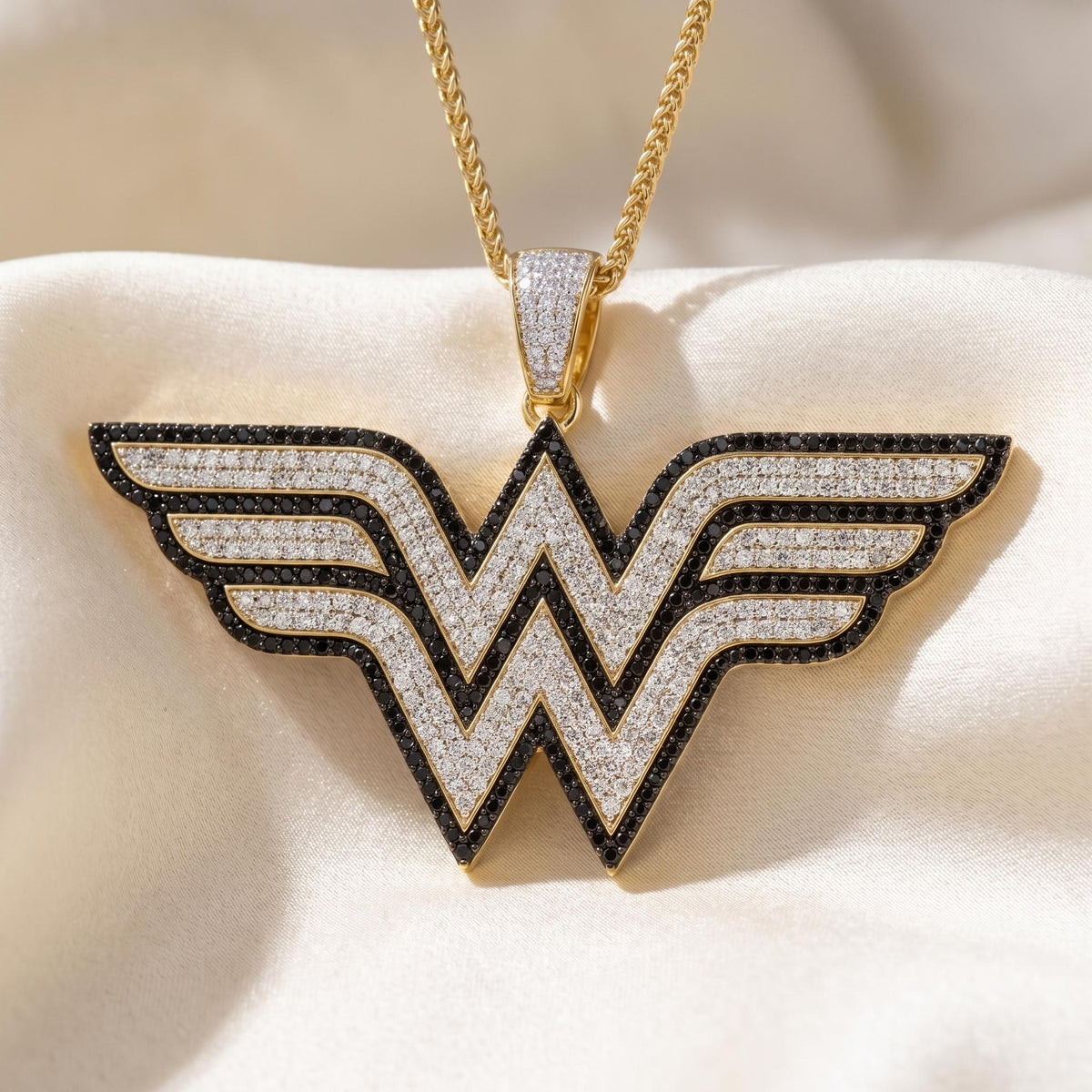 Rare Iced Out Wonder Woman Pendant | 925 Sterling Silver DC Superhero Jewelry | Gold Plated Comic Necklace | Hip Hop Bling gift for her