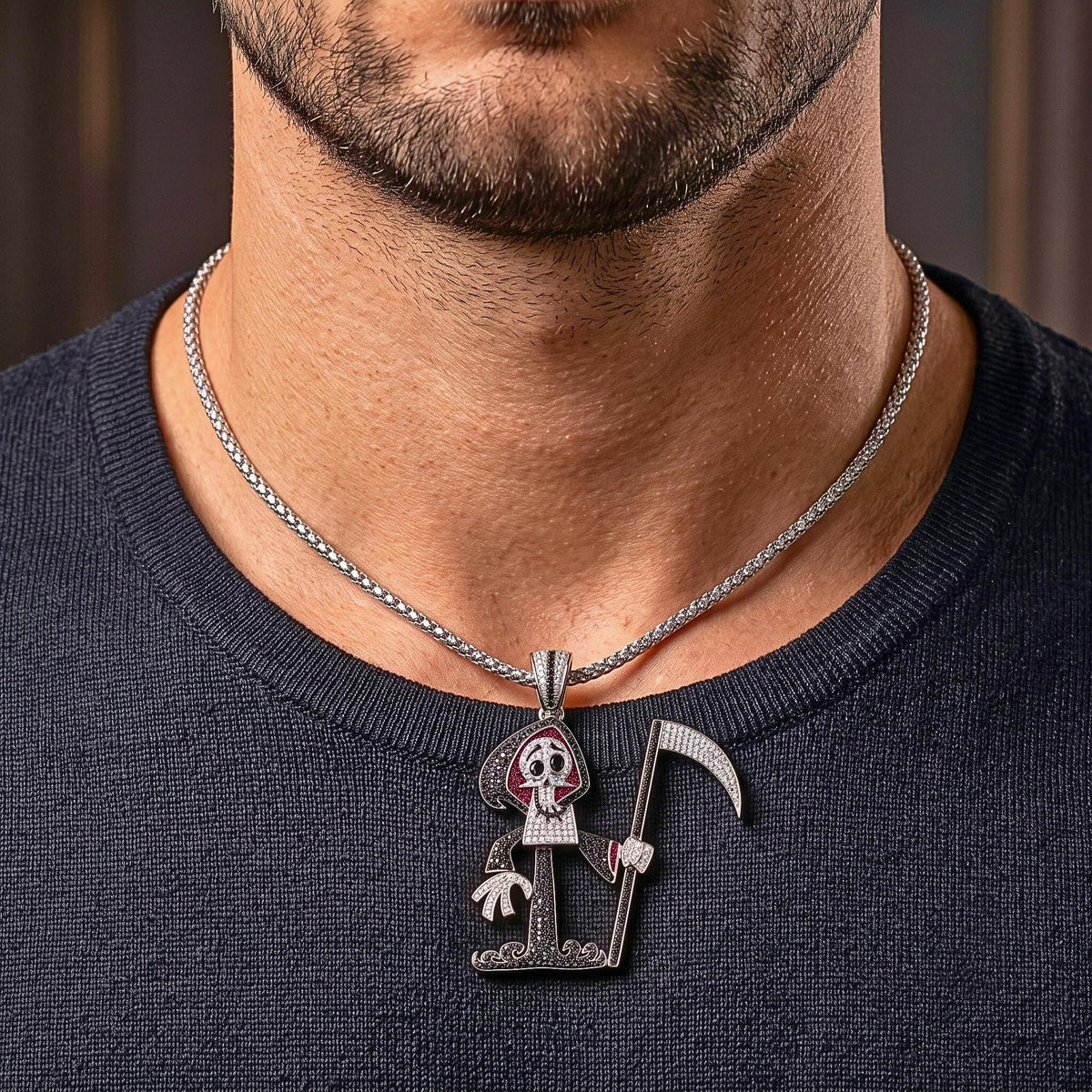 Rare Iced Out Grim Reaper Pendant, 925 Sterling Silver Cartoon Reaper Charm, Men's Hip Hop Jewelry, Gold Plated, Halloween Gift for her/him