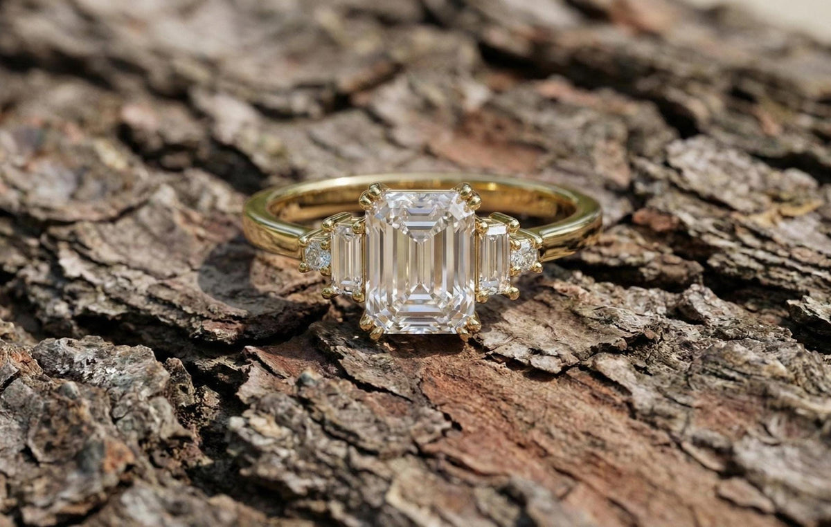 Emerald Cut Moissanite Ring, Sterling Silver Three Stone Engagement Ring