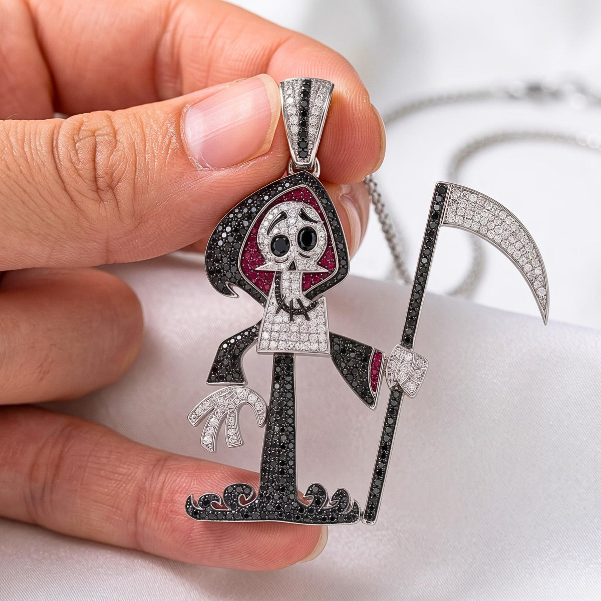 Rare Iced Out Grim Reaper Pendant, 925 Sterling Silver Cartoon Reaper Charm, Men's Hip Hop Jewelry, Gold Plated, Halloween Gift for her/him