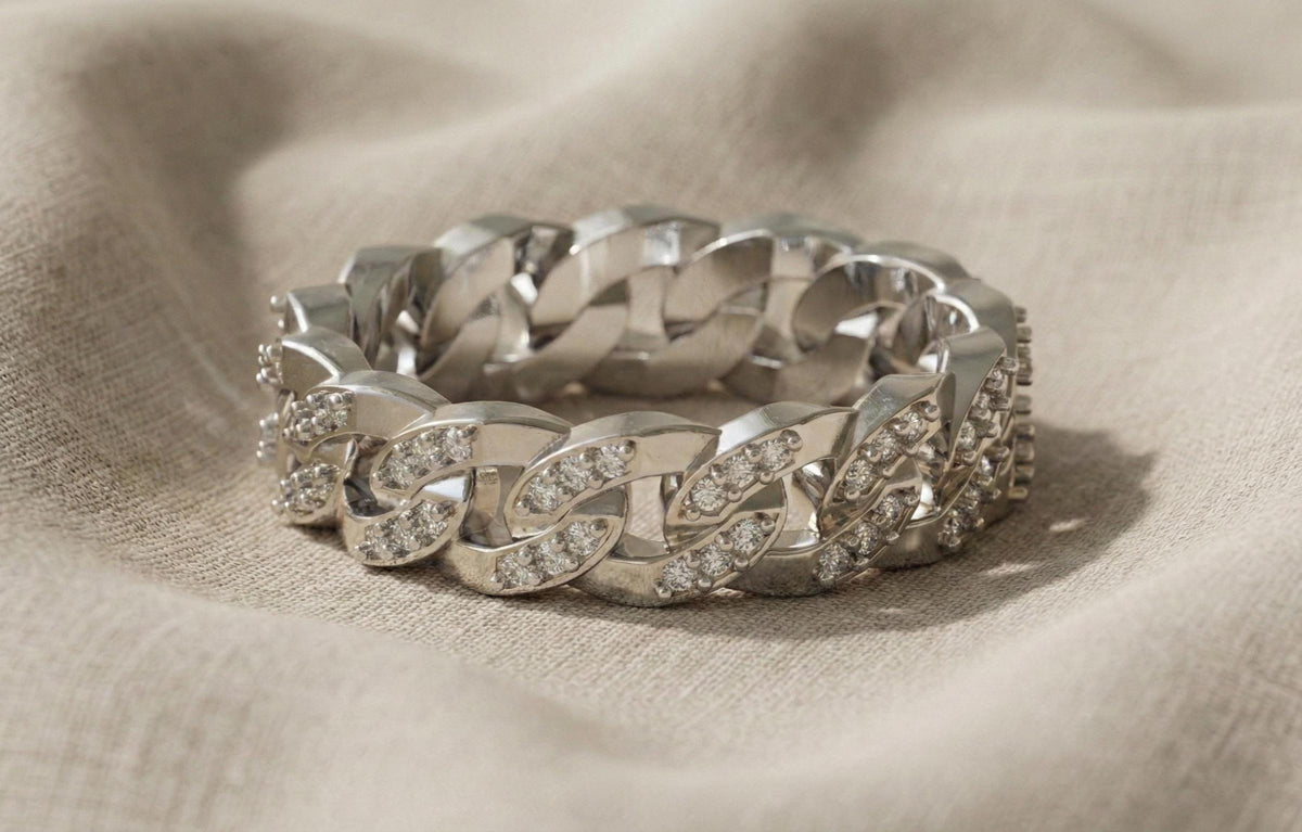 Gold Cuban Link Ring, Pave CZ Sterling Silver Chain Band