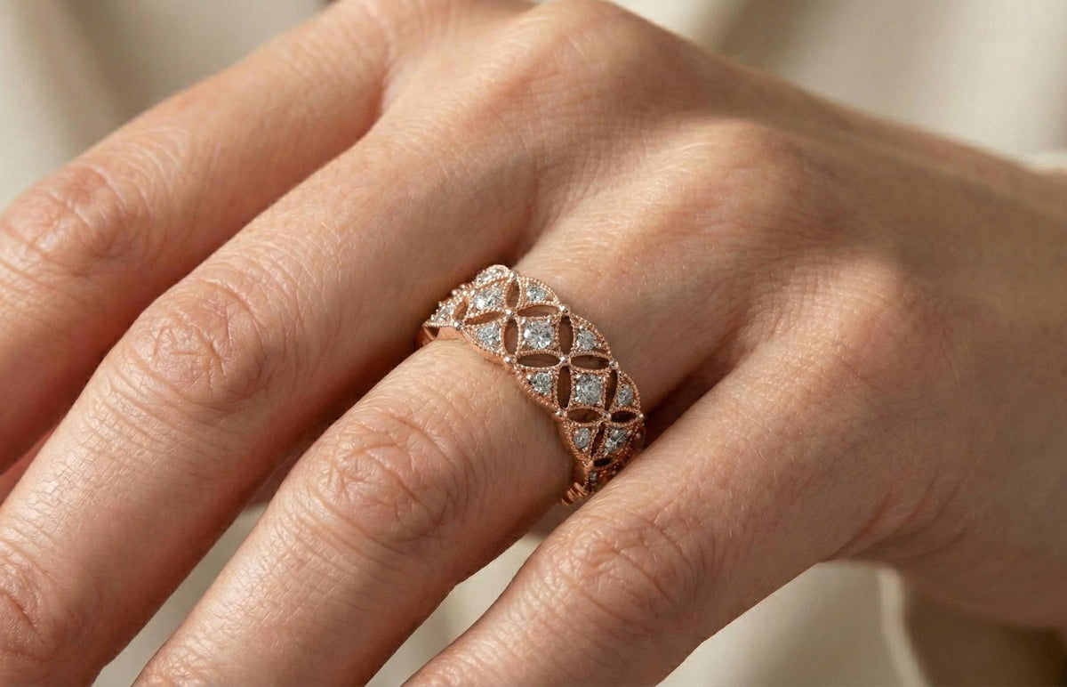 925 Sterling Silver Gold filigree Ring, Vintage Art Deco Wedding Band, Diamond Style Anniversary Ring, Handmade Statement Ring Gift for Her