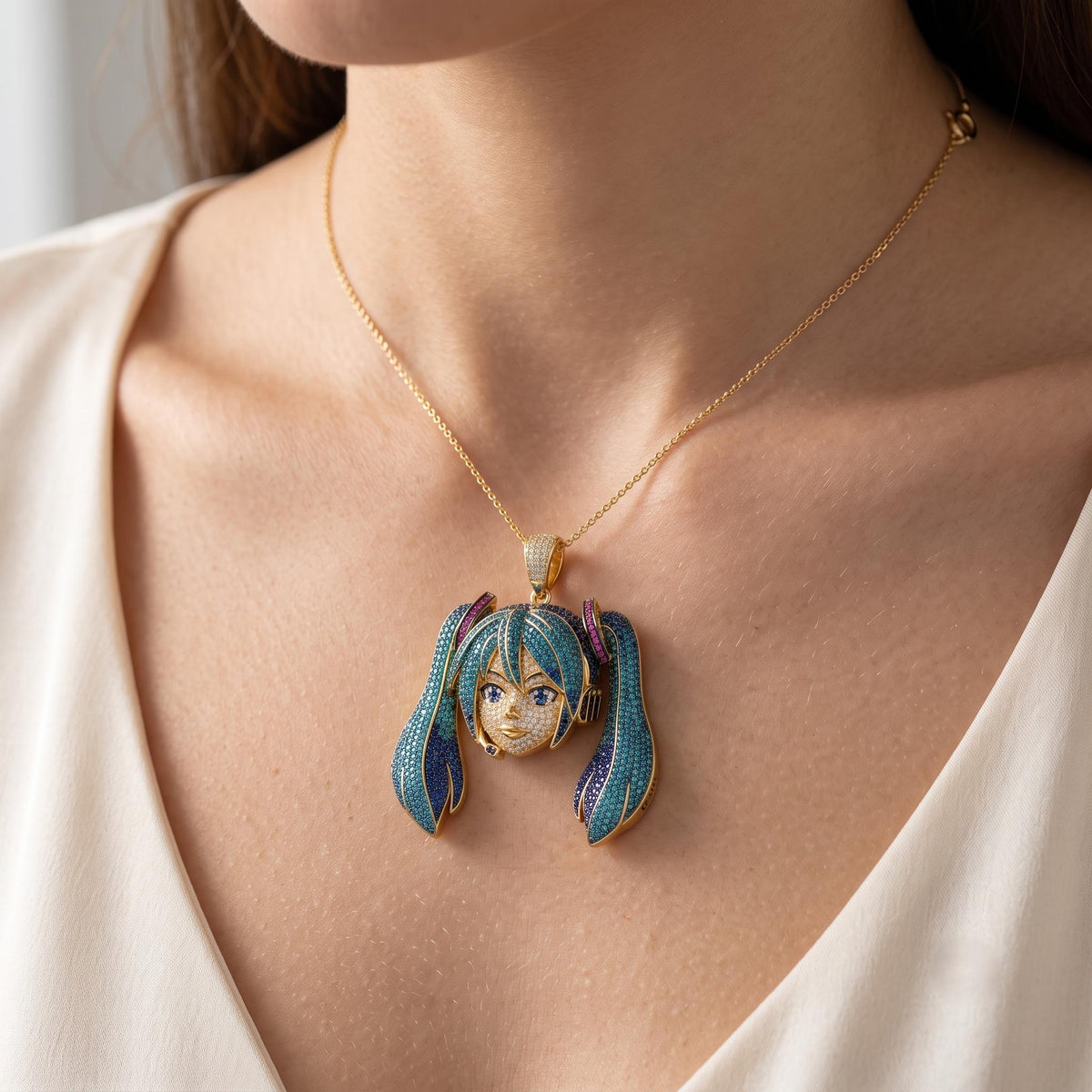 Iced Out Hatsune Miku Pendant , Inspired by north west | 925 Sterling Silver Anime Jewelry | Custom Hip Hop Anime | Gold Plated gift for her