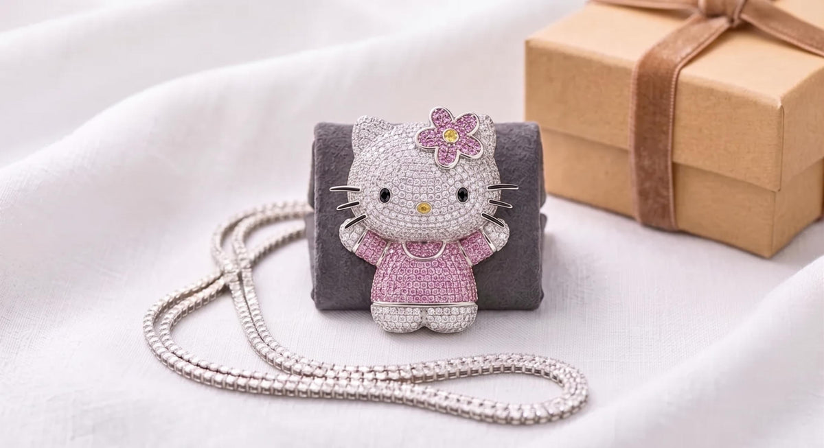 Rare 925 Sterling Silver Iced Out Kitty Pendant | Micro Pave White Zircon Kawaii Character Charm | Cute Animal Necklace Gift for her.