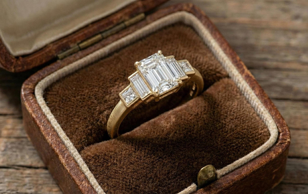 Emerald Cut Moissanite Ring, Sterling Silver Three Stone Engagement Ring