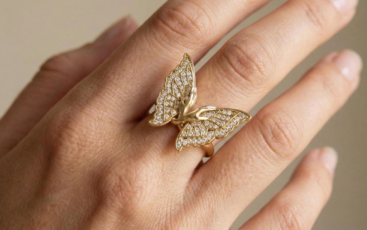 925 Sterling Silver RING Butterfly Ring Gold Butterfly Statement Ring, Diamond CZ Butterfly Wing Ring Luxury Butterfly Jewelry, Gift For Her