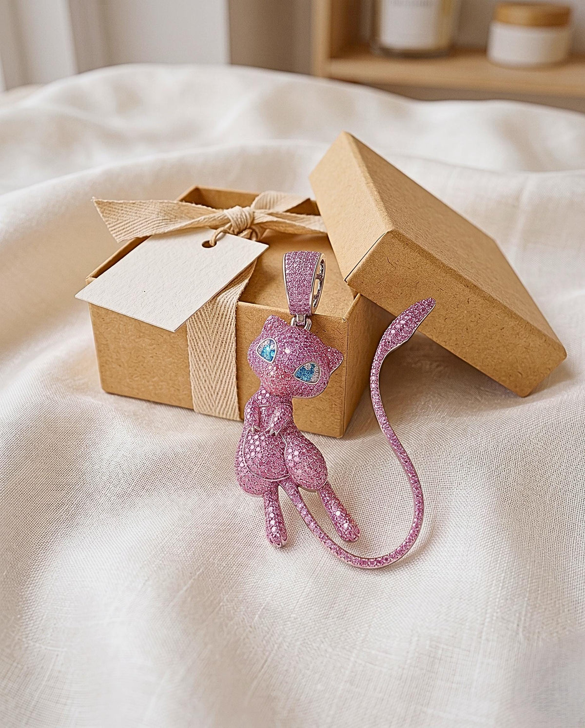 Iced Out Pink Mew Pendant, 925 Sterling Silver Anime Jewelry, Custom Hip Hop Necklace, Kawaii Gamer Gift, Nostalgic Charm , gift for her/him