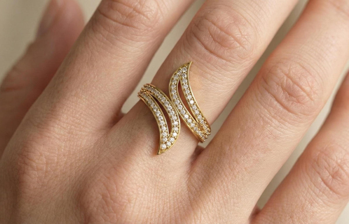 925 Sterling Silver Wave Ring with Cubic Zirconia | Modern Curved Statement Ring | Minimalist Luxury Gift for Women