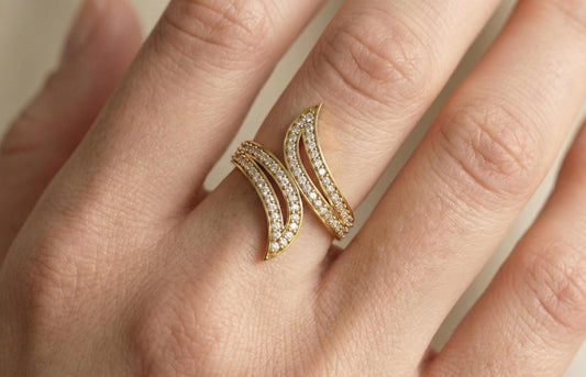 925 Sterling Silver Wave Ring with Cubic Zirconia | Modern Curved Statement Ring | Minimalist Luxury Gift for Women