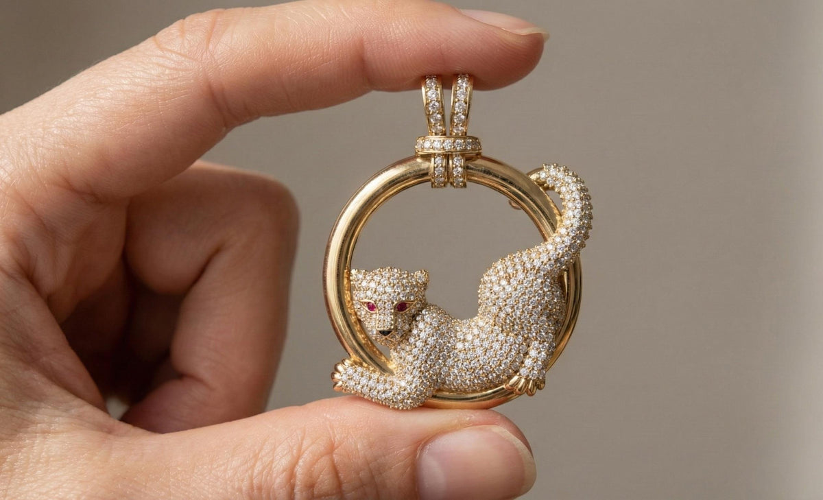 Sterling Silver Pave CZ Panther Necklace, Ruby Eye Leopard Pendant
