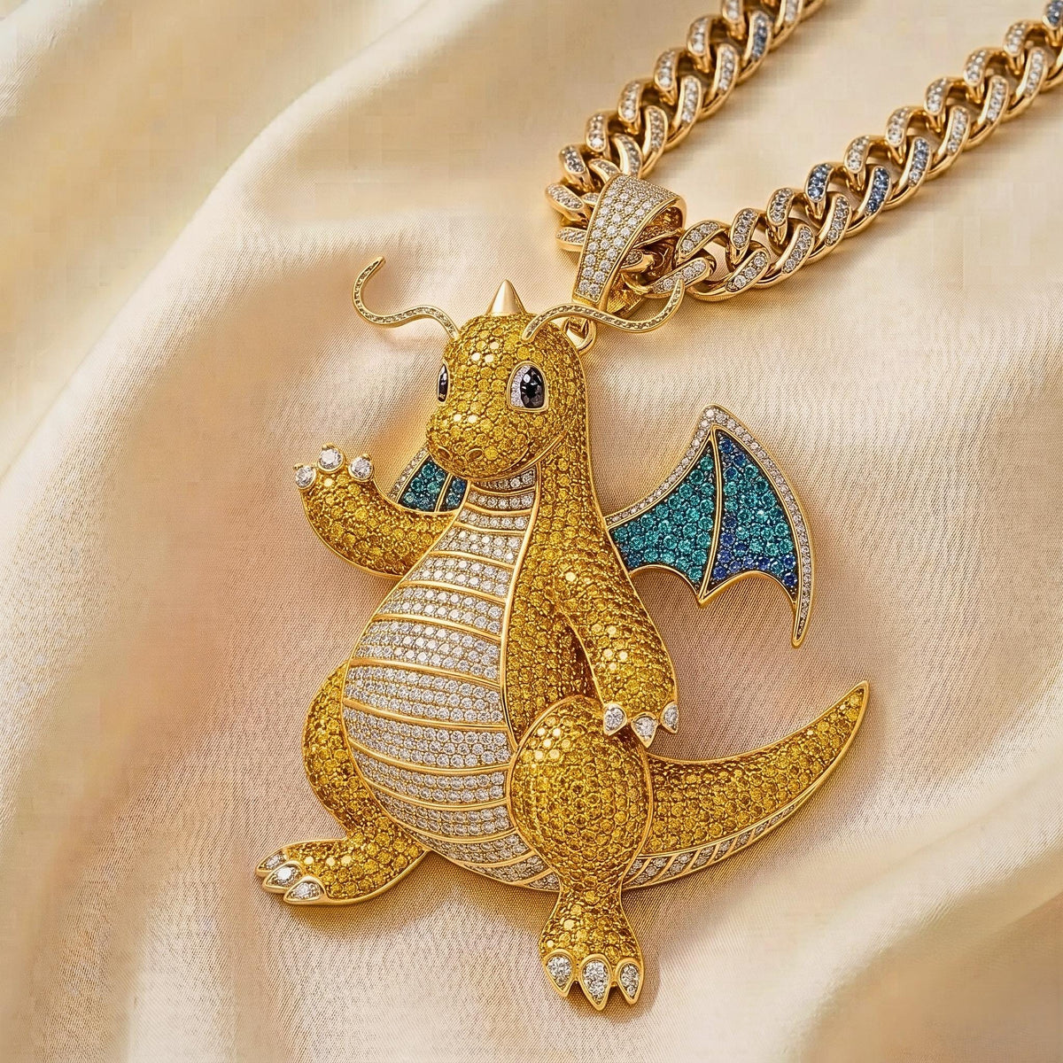 Iced Out Dragonite Pokemon Pendant | 925 Sterling Silver Anime Jewelry | Hip Hop Gamer Charm | Custom Pop Culture Bling | Gift for her/him.