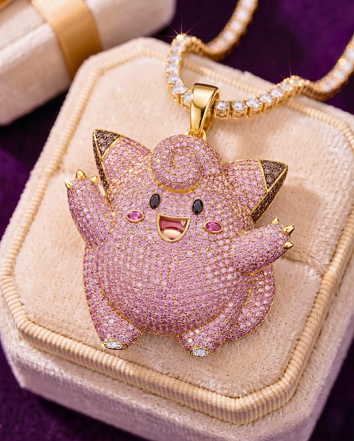 Rare Iced Out Clefairy Pokémon Pendant | 925 Sterling Silver Anime Jewelry | Gold Plated Custom Charm | Hip Hop Gamer Gift For her/him